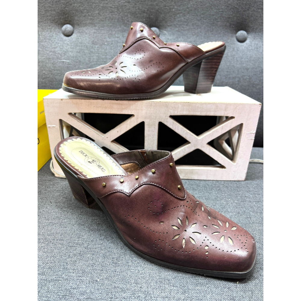 Duck Head Brown Miley Faux Leather Heeled Slide - Size 8.5M western mules